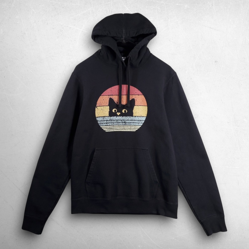 Cat Retro Sunset Graphic Hoodie Mens S Black Streetwear Y2K Indie Sweatshirt